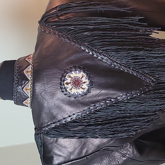 Vintage Beaded, fringe, Western black leather jacket - Picture 3 of 13